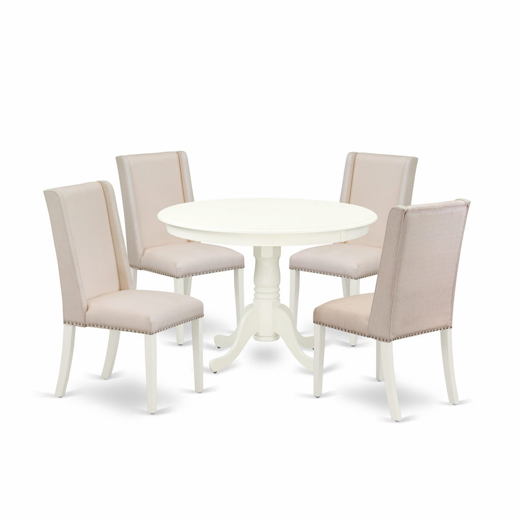 HLFL5-82S-PA 5-Piece Dining Set with Pedestal Round Table and 4 Cream Fabric Parsons Chairs, Linen White Finish, 42x42 Inches