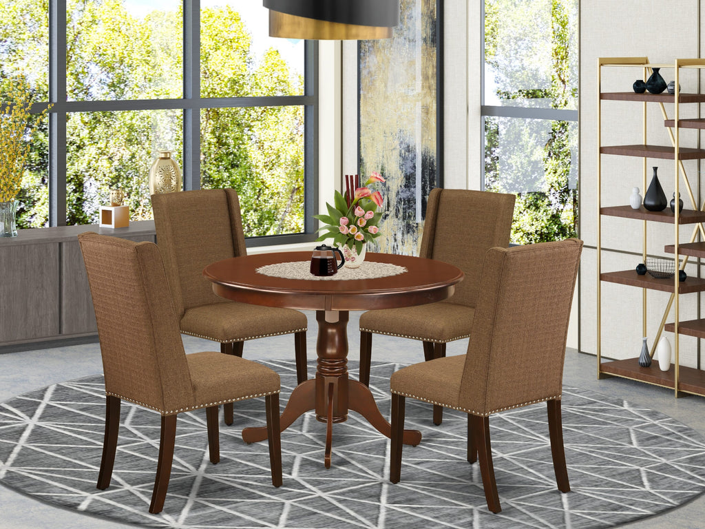 5 Piece Pedestal Round Dining Set with HLFL5-FSX-8X in Mahogany Finish, Table and 4 Comfy Brown Linen Upholstered Chairs