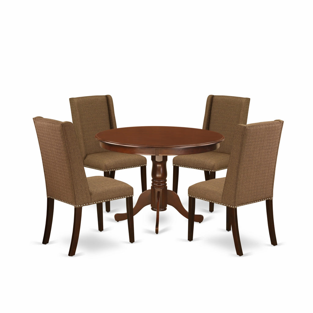 5 Piece Pedestal Round Dining Set with HLFL5-FSX-8X in Mahogany Finish, Table and 4 Comfy Brown Linen Upholstered Chairs