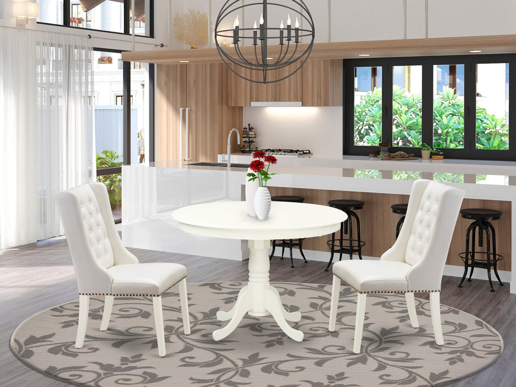 3-Piece Dining Set HLFO3-CS1-JL Round Table with Pedestal Base & 2 Faux Leather Chairs in Light Grey, Linen White