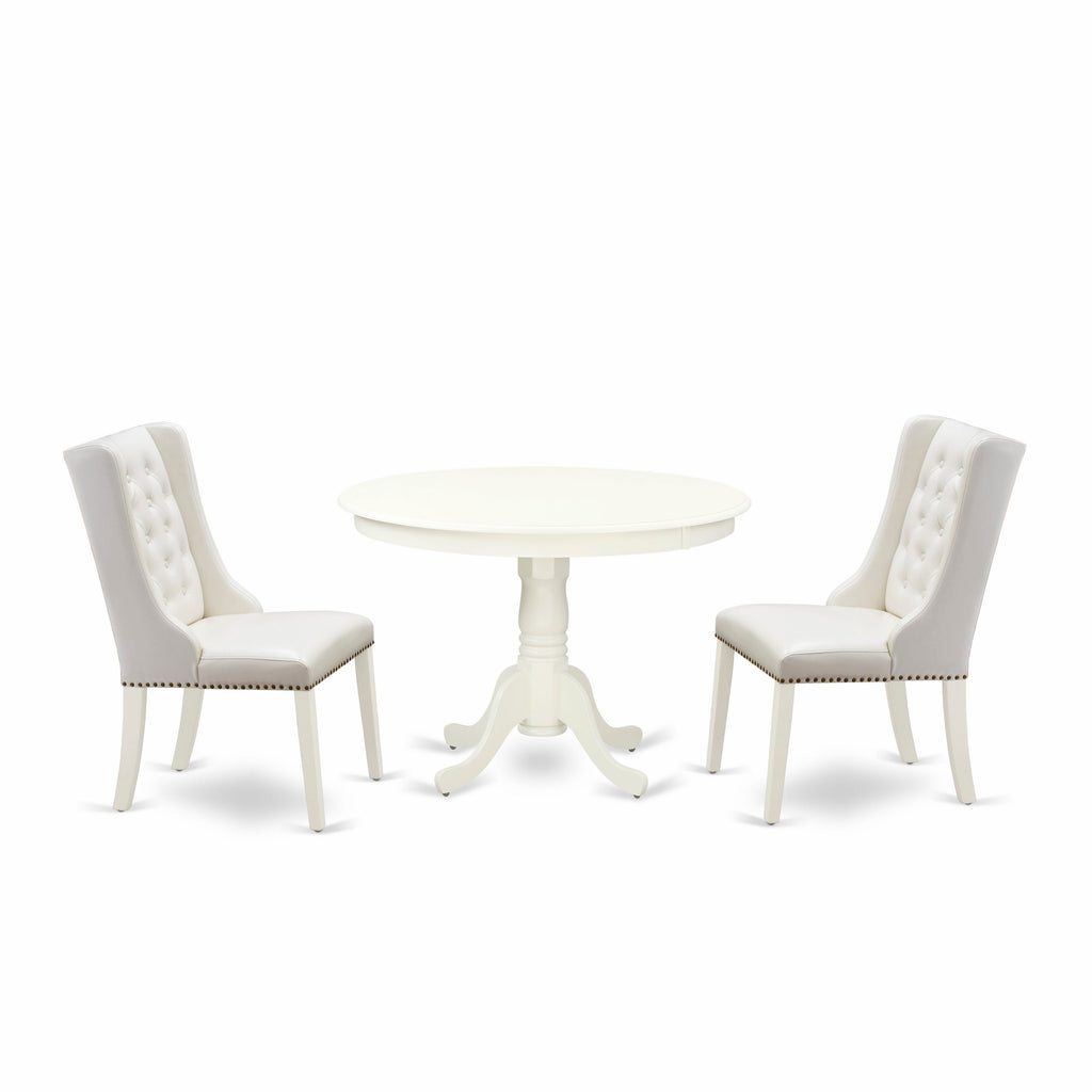 3-Piece Dining Set HLFO3-CS1-JL Round Table with Pedestal Base & 2 Faux Leather Chairs in Light Grey, Linen White