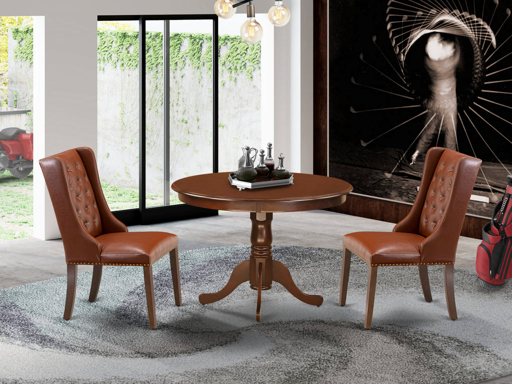 HLFO3-U2W-MB Elegant 3-Piece Round Dining Ensemble with Pedestal Table & Faux Leather Chairs, 42 Mahogany Set