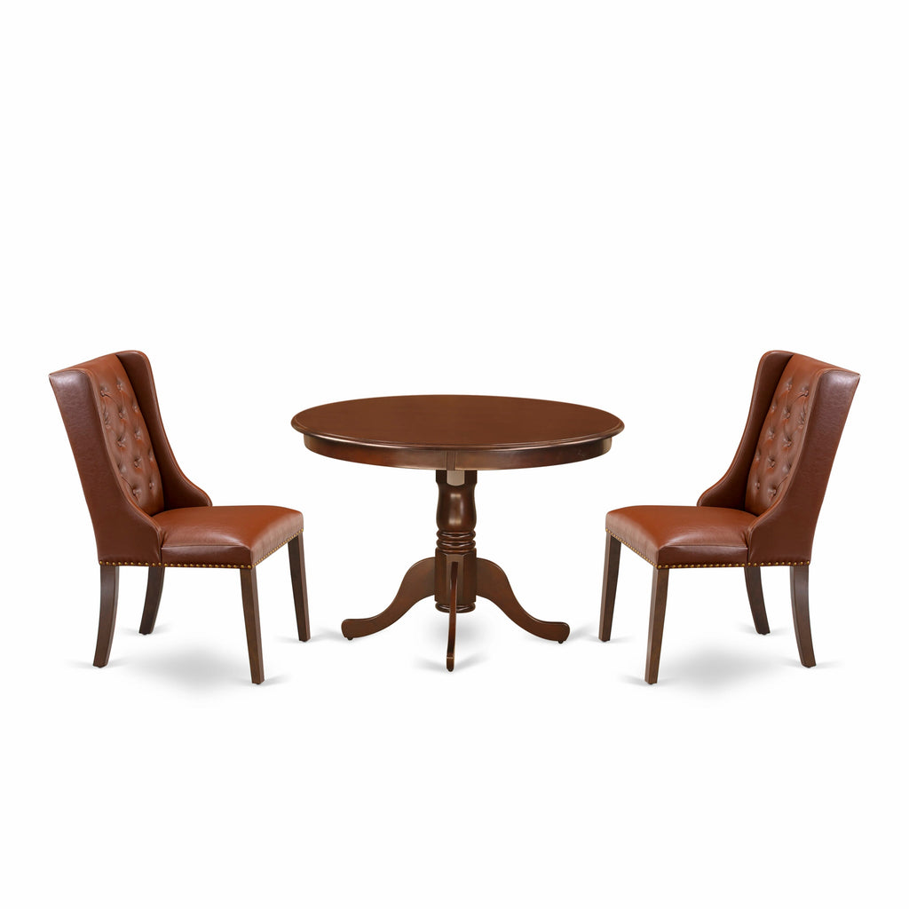 HLFO3-U2W-MB Elegant 3-Piece Round Dining Ensemble with Pedestal Table & Faux Leather Chairs, 42 Mahogany Set