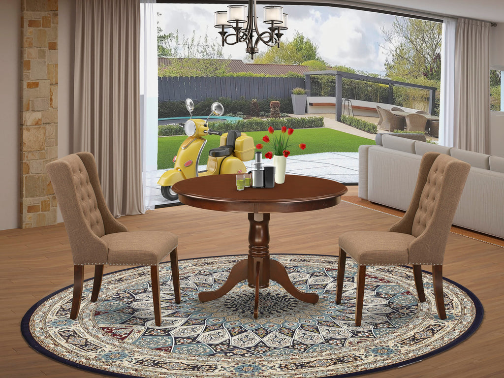 Discover HLFO3BR5E3 3 Pc Dining Set with Round Table & 2 Fabric Upholstered Chairs Mahogany Tabletop 42