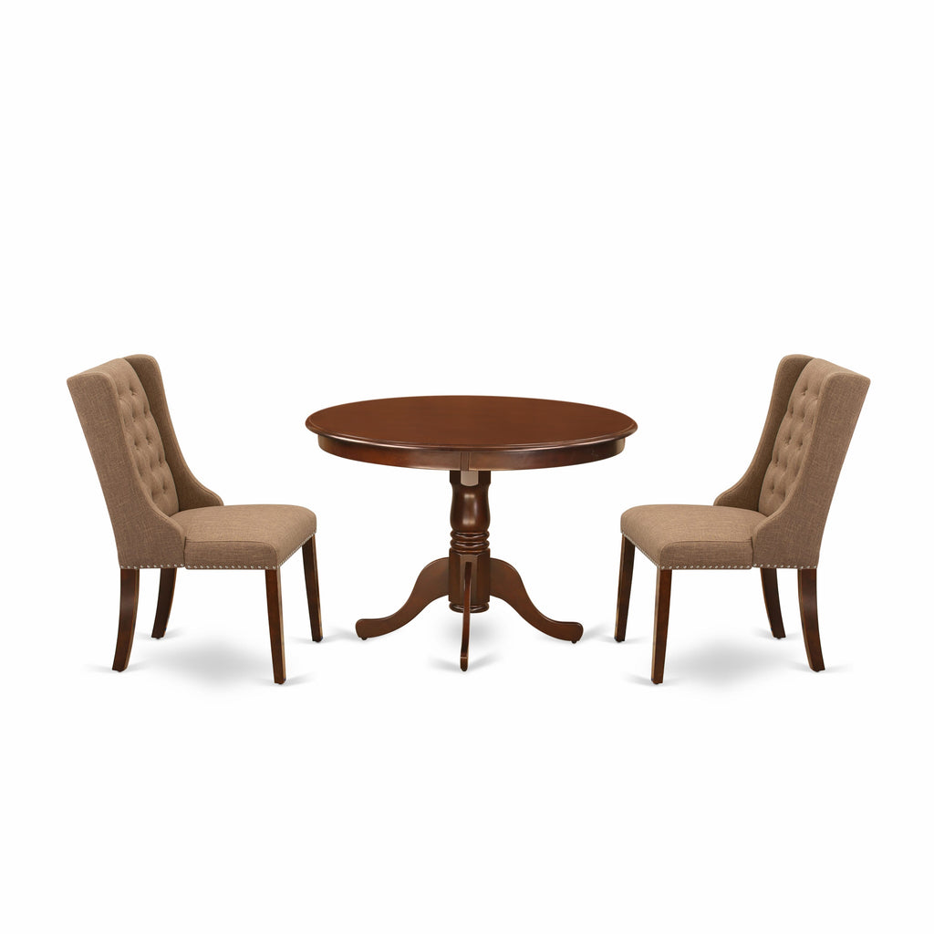 Discover HLFO3BR5E3 3 Pc Dining Set with Round Table & 2 Fabric Upholstered Chairs Mahogany Tabletop 42