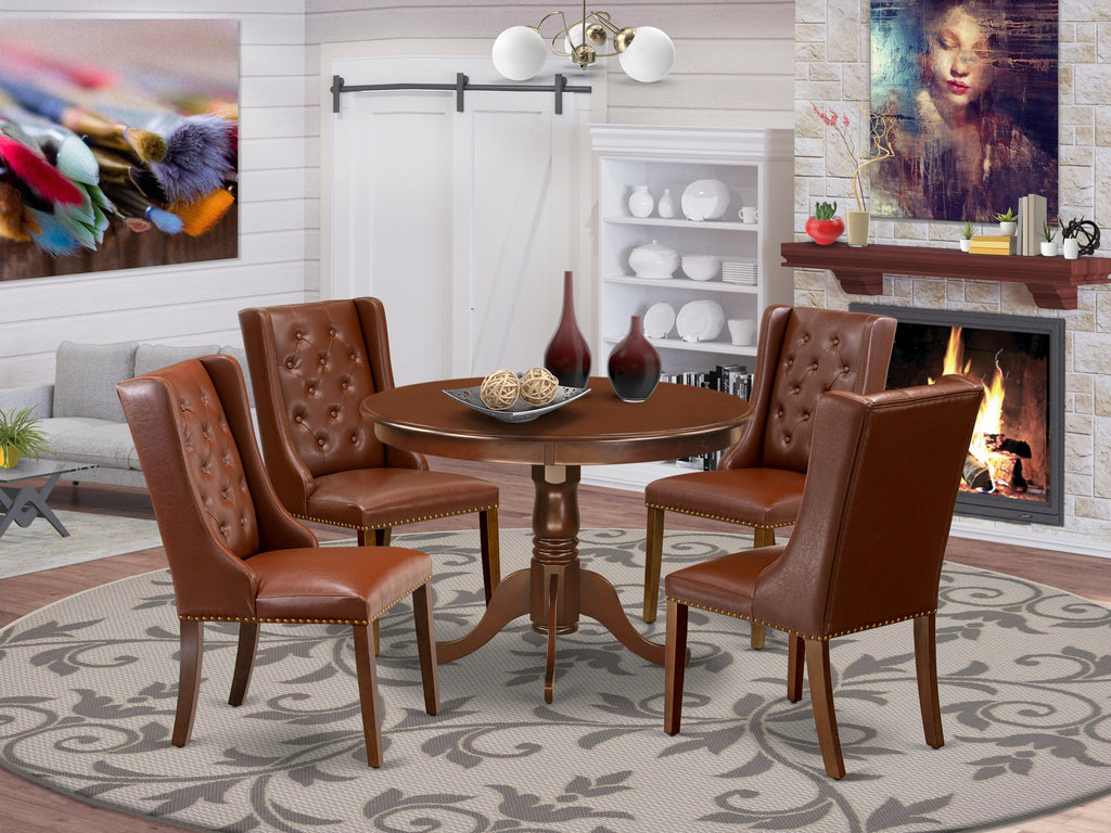HLFO5-BRS-K5 Elegant Modern 5 Piece Dining Set with Circular Table & Faux Brown Chairs