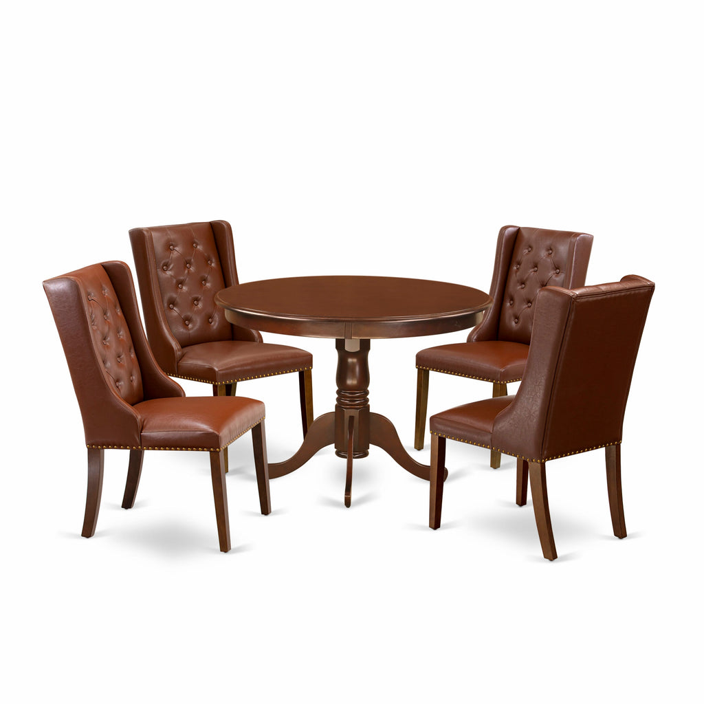 HLFO5-BRS-K5 Elegant Modern 5 Piece Dining Set with Circular Table & Faux Brown Chairs