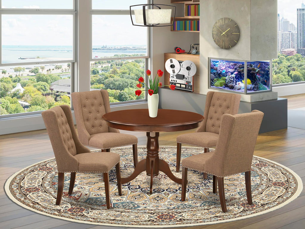 HLFO5-CMZ-WX Elegant Round Dining Table Set with Pedestal and 4 Parsons Chairs in Gentle Mahogany Shade