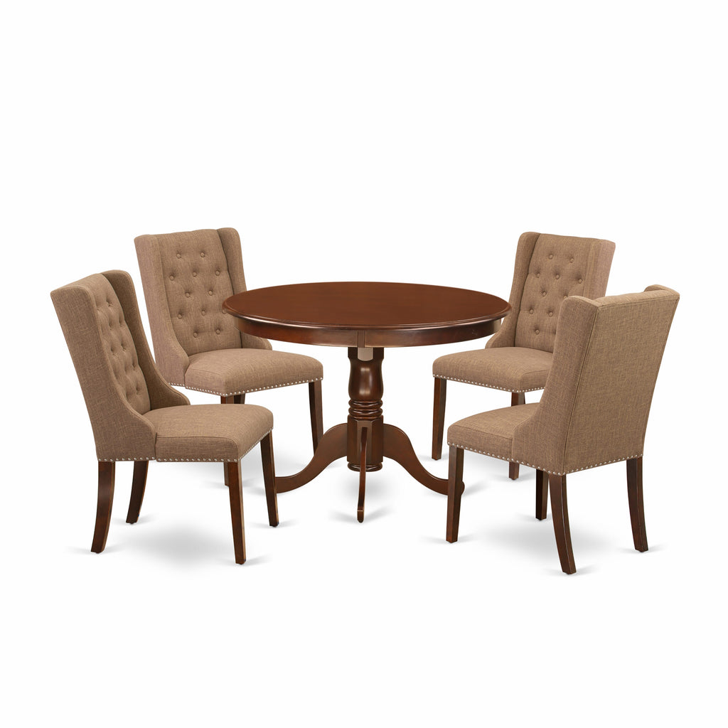 HLFO5-CMZ-WX Elegant Round Dining Table Set with Pedestal and 4 Parsons Chairs in Gentle Mahogany Shade