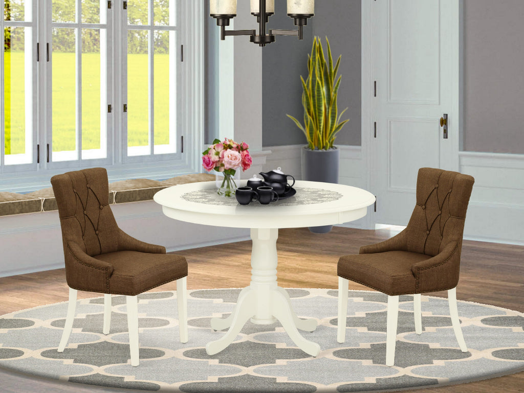 3-Piece Kitchen Dining Set with Round Table, HLFR3-SEQ-5K, and Plush Brown Parson Chairs, Linen White Finish, 42-Inch
