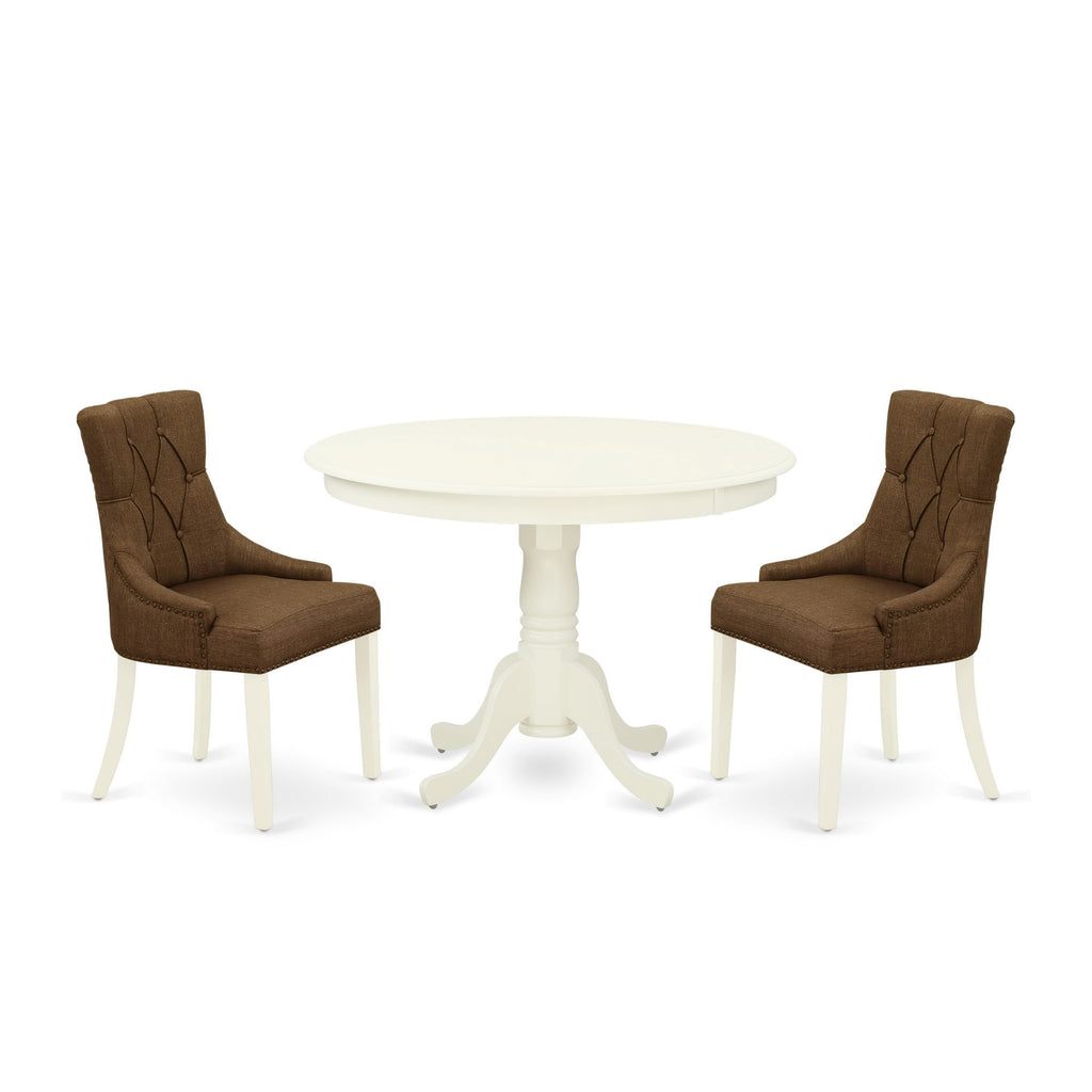 3-Piece Kitchen Dining Set with Round Table, HLFR3-SEQ-5K, and Plush Brown Parson Chairs, Linen White Finish, 42-Inch
