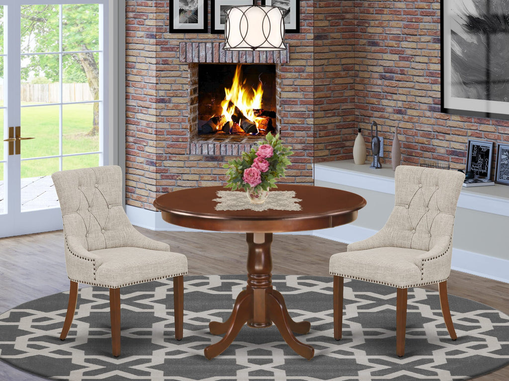 HLFR3-UAD-ZJ Elegant Mahogany Round Table with Pedestal & Two Upholstered Fabric Chairs, Ideal 3-Piece Dinette for Cozy Spaces, 42x42 inches