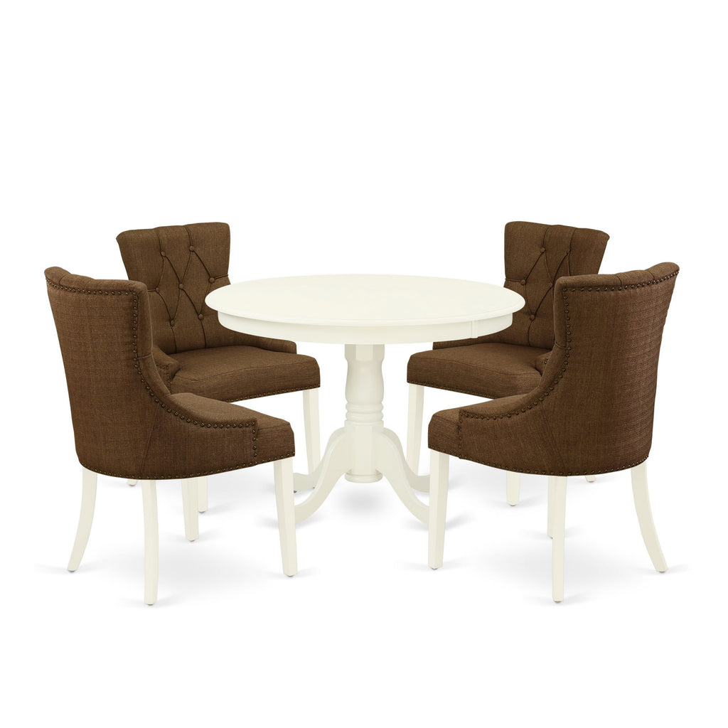 HLFR5-1NQ-D7 Elegant 5-Piece Dining Ensemble Pedestal Round Table and Linen Upholstered Chairs, 42x42, White Finish