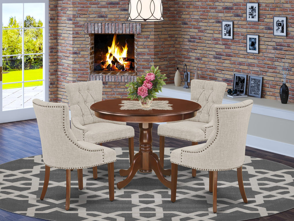 HLFR5-QD0-UI Mahogany Round Pedestal Table Set with 4 Doeskin Chairs, 5 Pc Dining Collection, 42