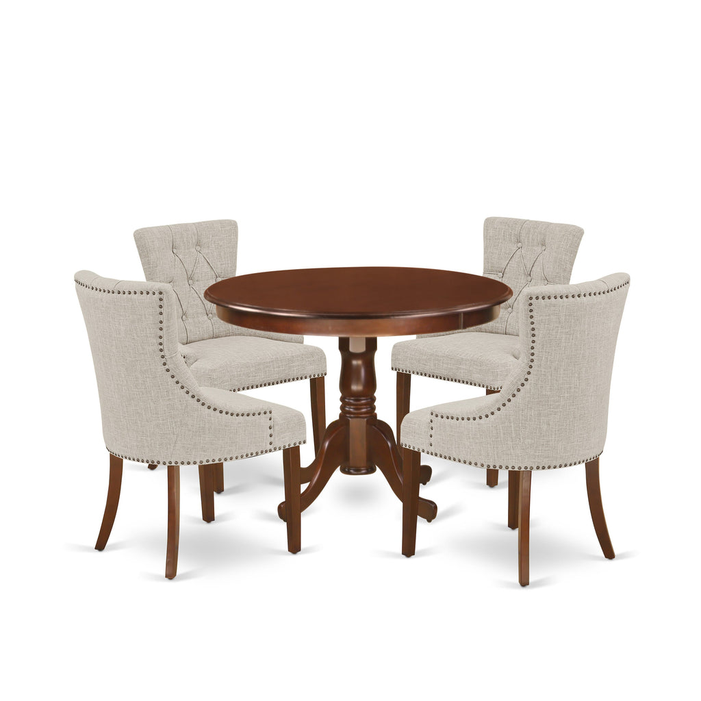 HLFR5-QD0-UI Mahogany Round Pedestal Table Set with 4 Doeskin Chairs, 5 Pc Dining Collection, 42