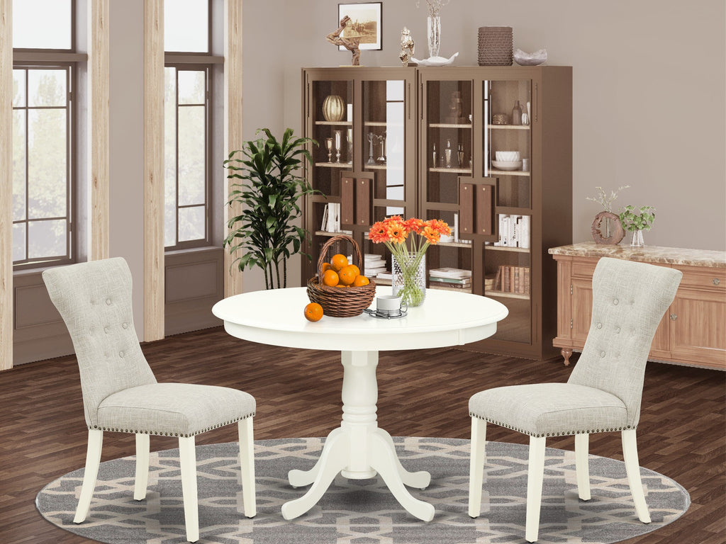HLGA3-FAB-EN 3 Piece Dining Set Round Pedestal Table & 2 Plush Doeskin Linen Chairs, 42-inch, White Finish