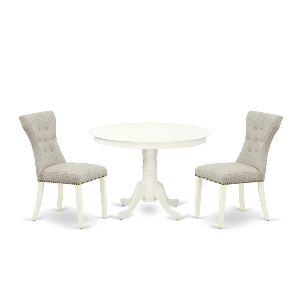 HLGA3-FAB-EN 3 Piece Dining Set Round Pedestal Table & 2 Plush Doeskin Linen Chairs, 42-inch, White Finish