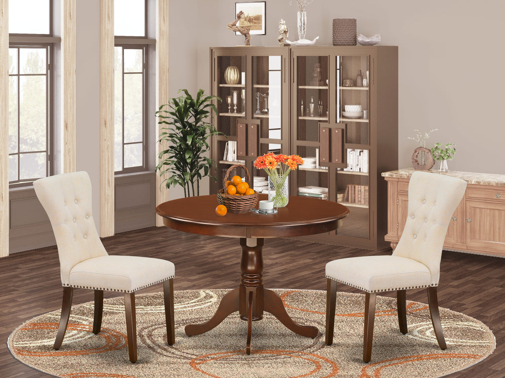 HLGA3-PYB-GW 3-Piece Dining Set Elegant Pedestal Table & 2 Cream Upholstered Chairs, 42 Mahogany