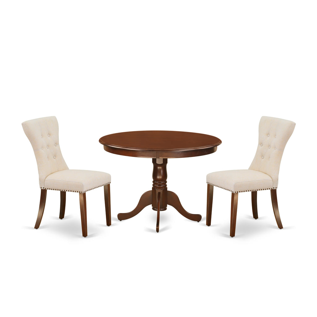 HLGA3-PYB-GW 3-Piece Dining Set Elegant Pedestal Table & 2 Cream Upholstered Chairs, 42 Mahogany