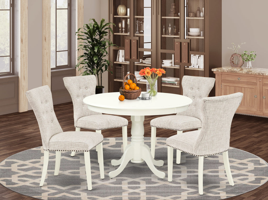 HLGA5-DEC-36 Cozy 5-Piece Round Table Set with Pedestal & 4 Elegant Doeskin Chairs, 42 Inch, Classic White