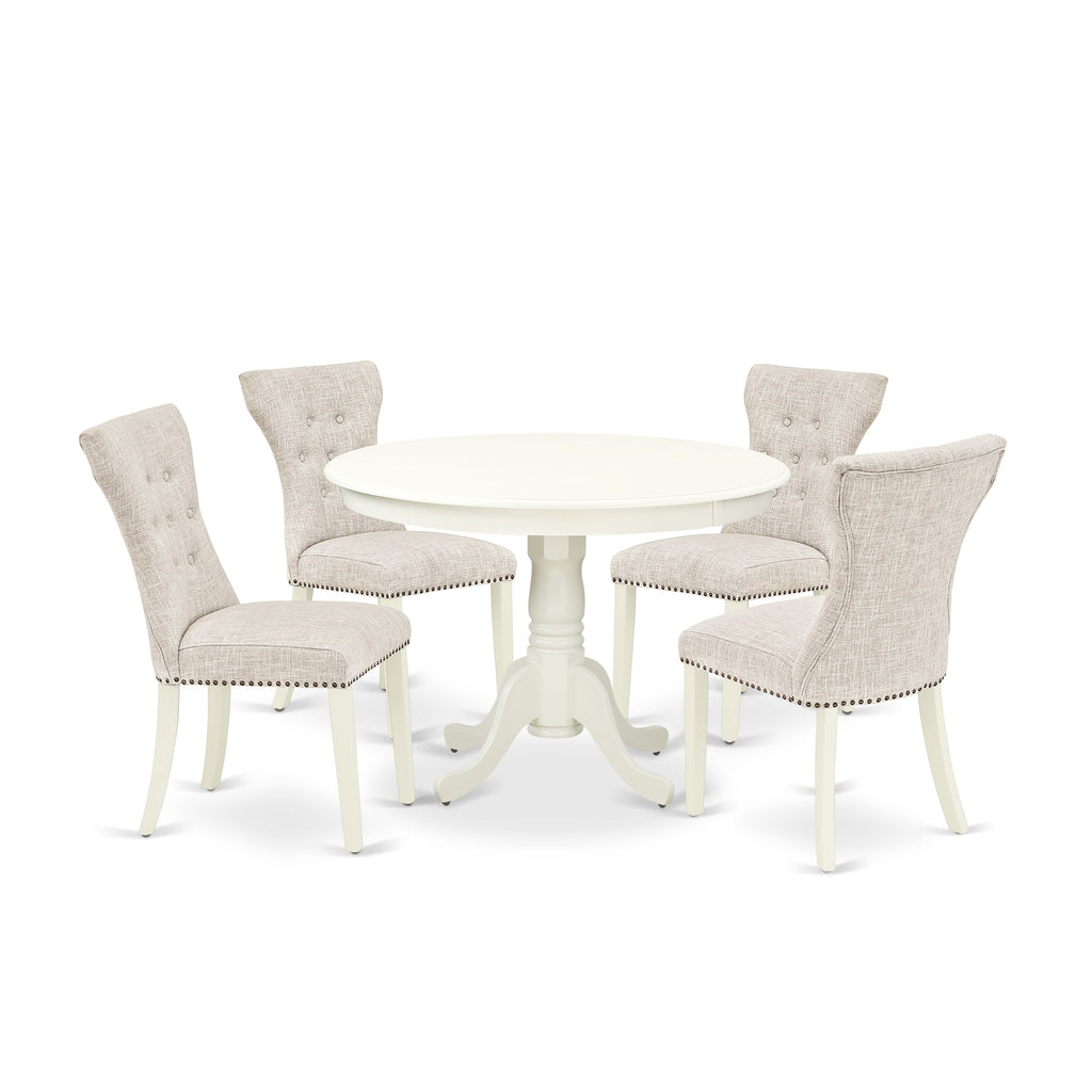 HLGA5-DEC-36 Cozy 5-Piece Round Table Set with Pedestal & 4 Elegant Doeskin Chairs, 42 Inch, Classic White