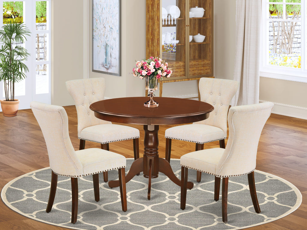 HLGA5-ECV-YV 5 PC Dining Ensemble with Round Table & 4 Linen Parsons Seats, Mahogany Charm, 42