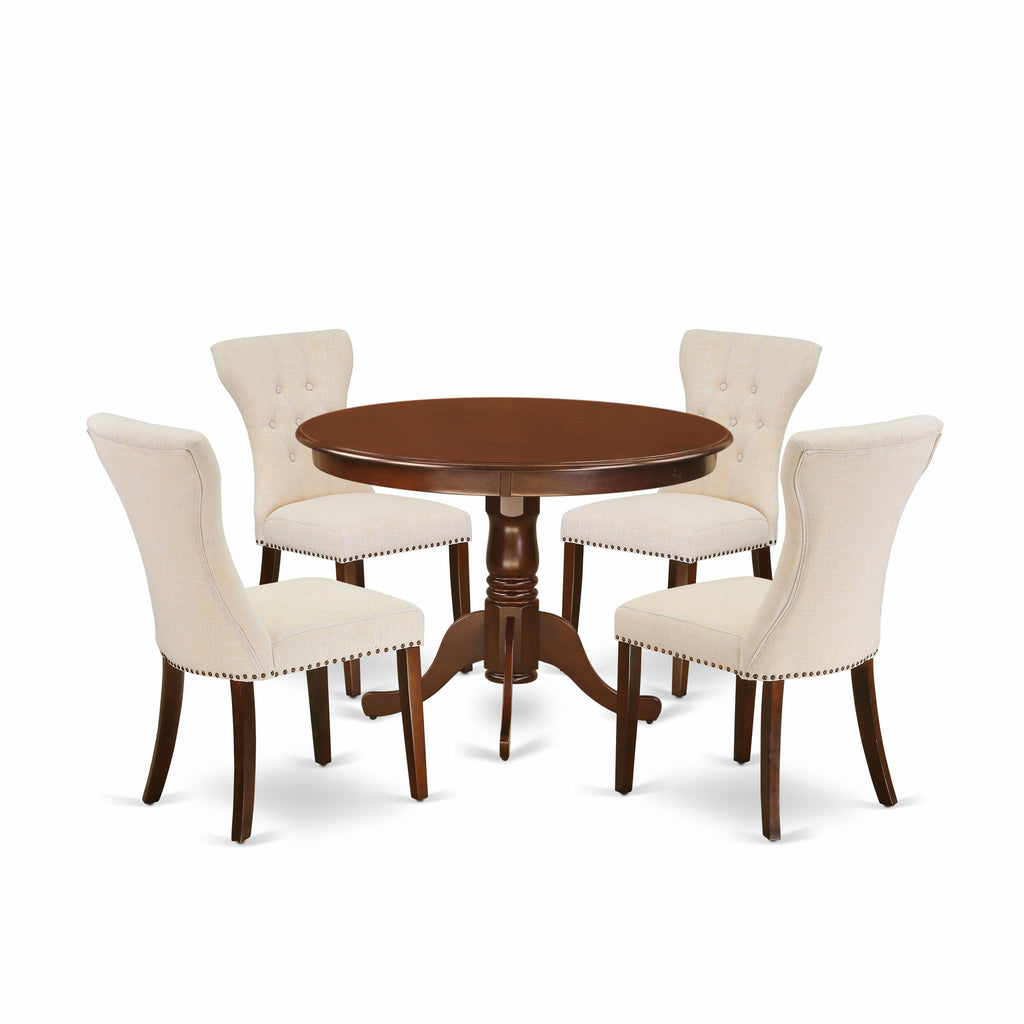 HLGA5-ECV-YV 5 PC Dining Ensemble with Round Table & 4 Linen Parsons Seats, Mahogany Charm, 42