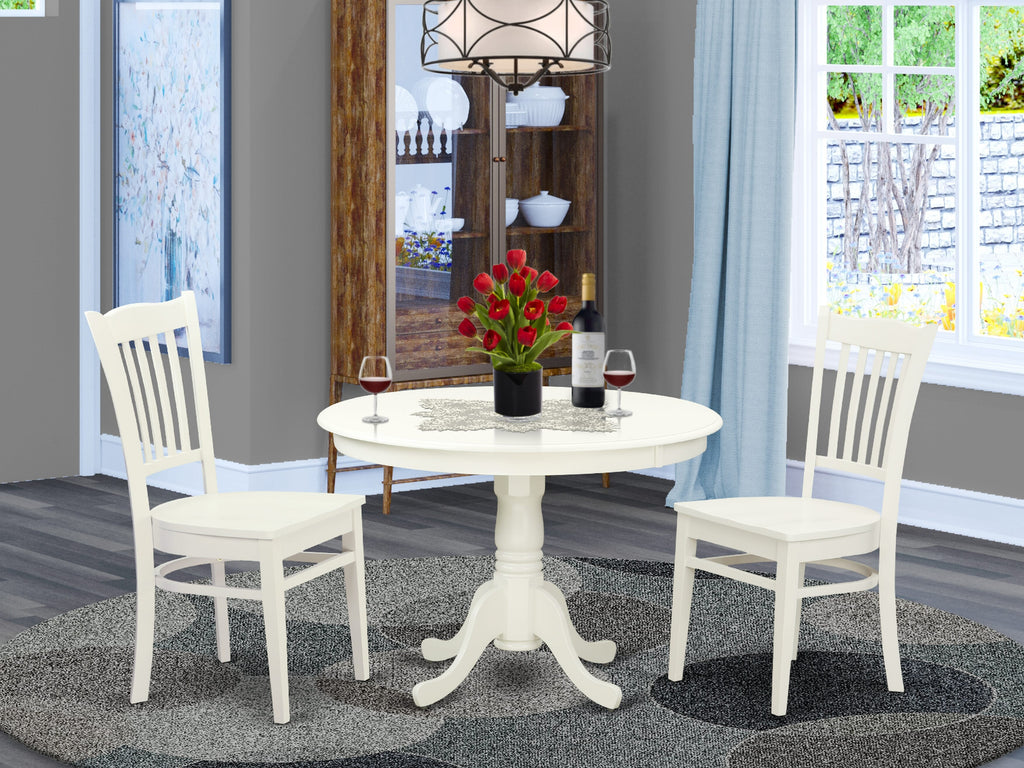 HLGR3-8NX-9 3 Piece Compact Dining Ensemble with Pedestal Table and Two Linen Chairs in White, 42