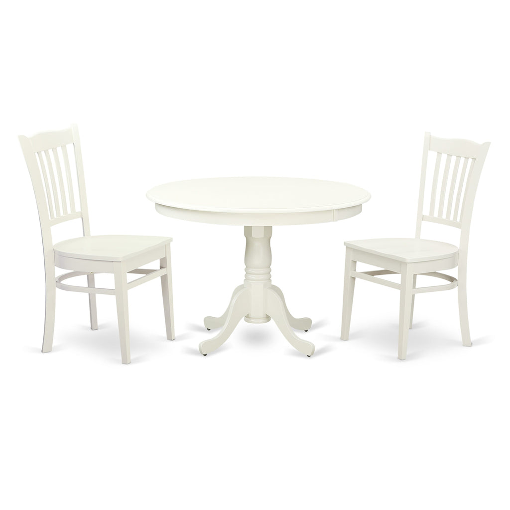 HLGR3-8NX-9 3 Piece Compact Dining Ensemble with Pedestal Table and Two Linen Chairs in White, 42