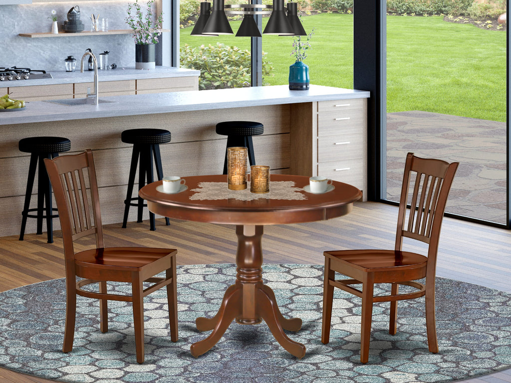 HLGR3-MQN-6 Elegant 3-Piece Dining Set Round Table with Pedestal & 2 Chairs in Mahogany Finish