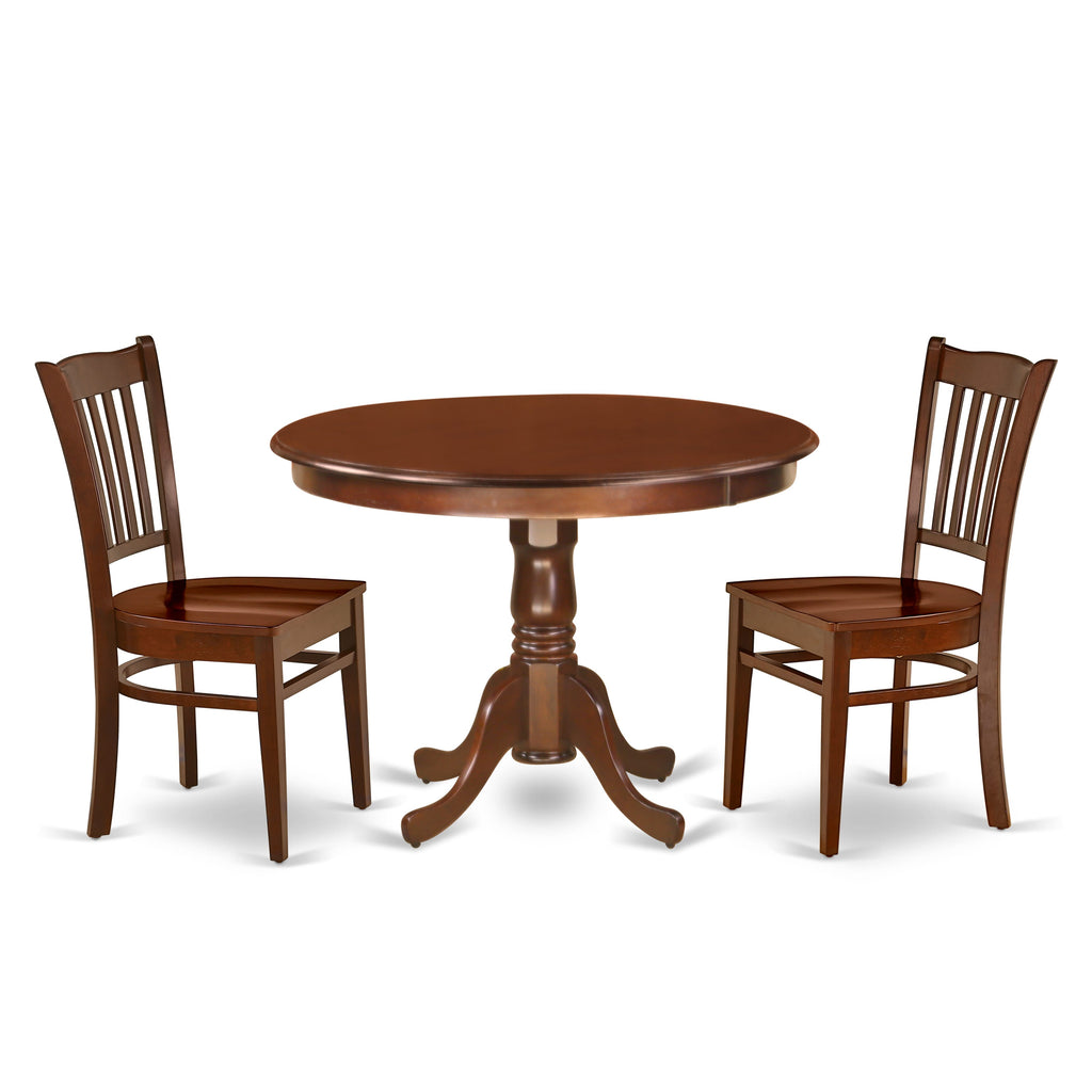 HLGR3-MQN-6 Elegant 3-Piece Dining Set Round Table with Pedestal & 2 Chairs in Mahogany Finish