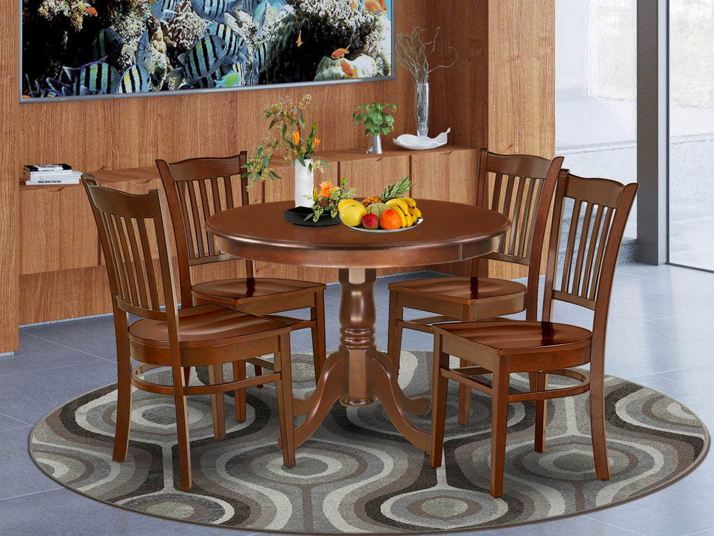 HLGR5-JFV-P 5-Piece Dining Set with Pedestal Table and 4 Chairs, Mahogany Finish, 42 Round
