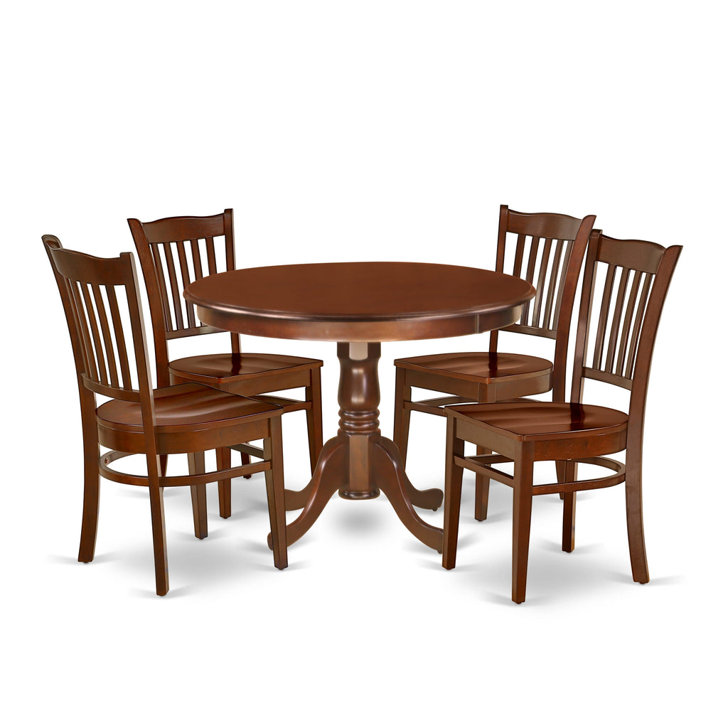 HLGR5-JFV-P 5-Piece Dining Set with Pedestal Table and 4 Chairs, Mahogany Finish, 42 Round