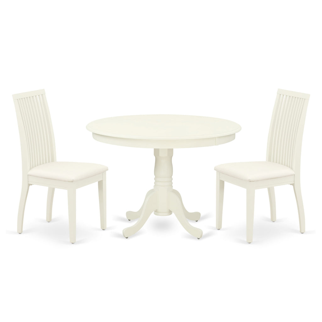 HLIP3-UMM-6 Elegant 3-Piece Dining Set - Round Pedestal Table with Two Upholstered Linen Chairs, 42 Linen White Finish