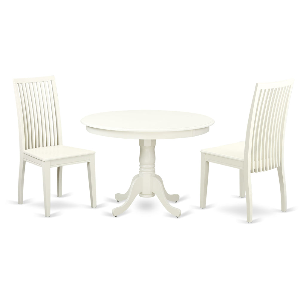 Compact Round Dining Set HLIP3-JGV-V 3-Piece Pedestal Table & Chairs for Cozy Spaces, in Linen White