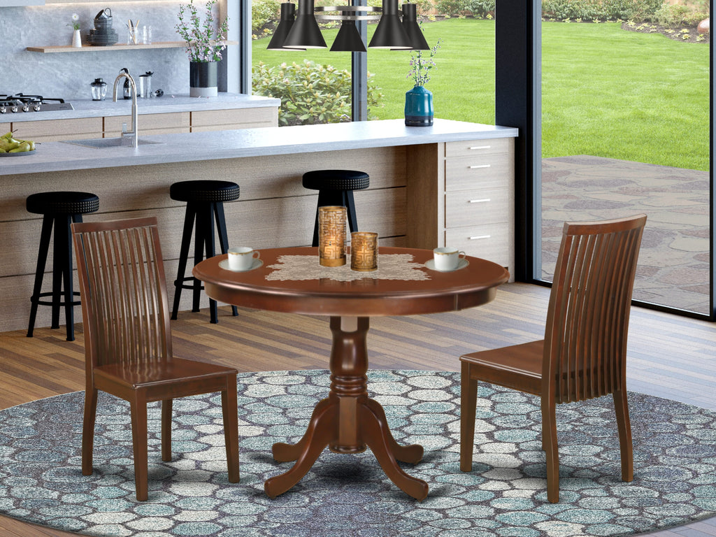 HLIP3-B0W-O Round Pedestal Dining Ensemble with Two Chairs - 3 Piece Modern Set, 42 Inch, Wood