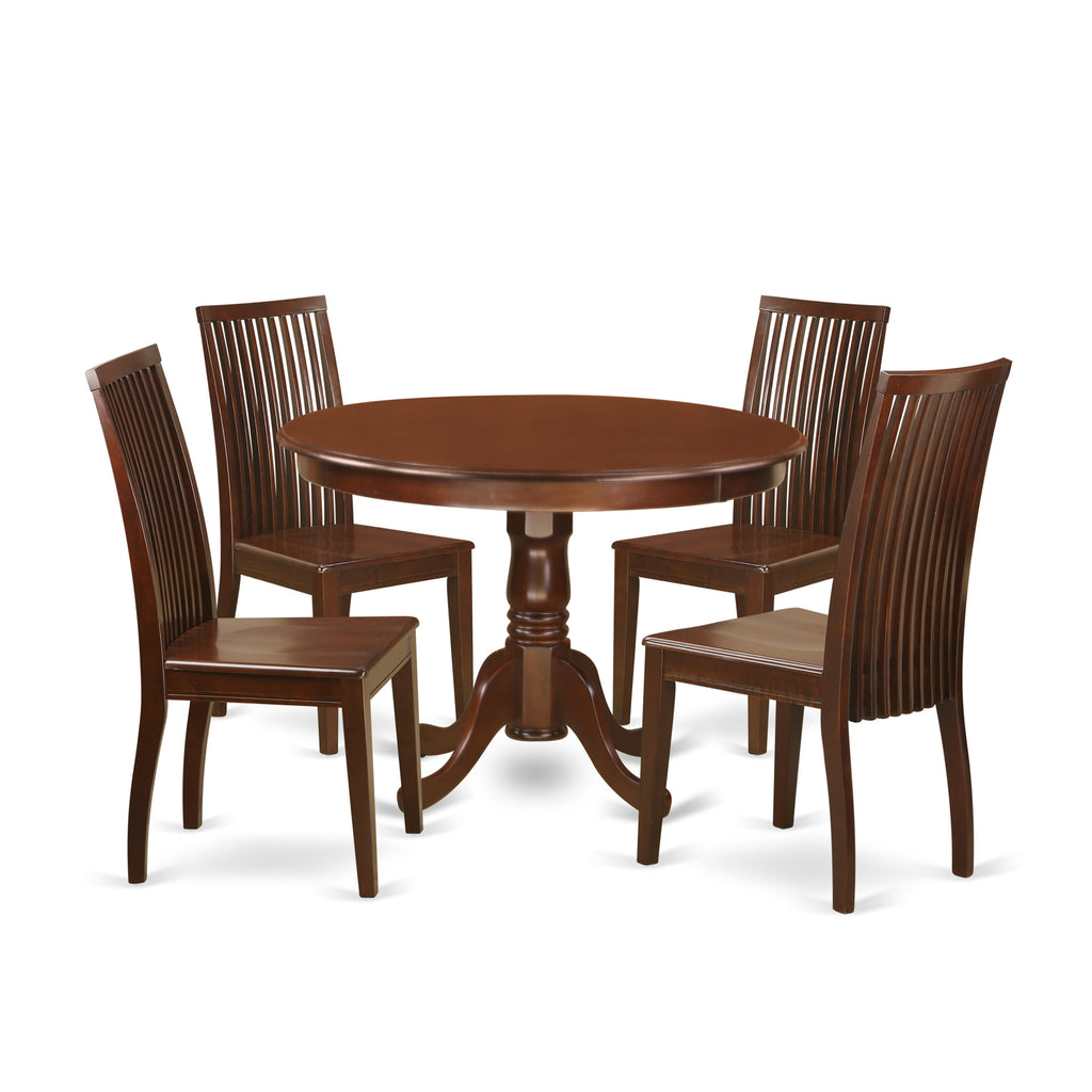 HLIP5-W7R-B Elegant 5-Piece Dining Ensemble with Round Pedestal Table and 4 Wooden Seat Chairs, Mahogany Finish