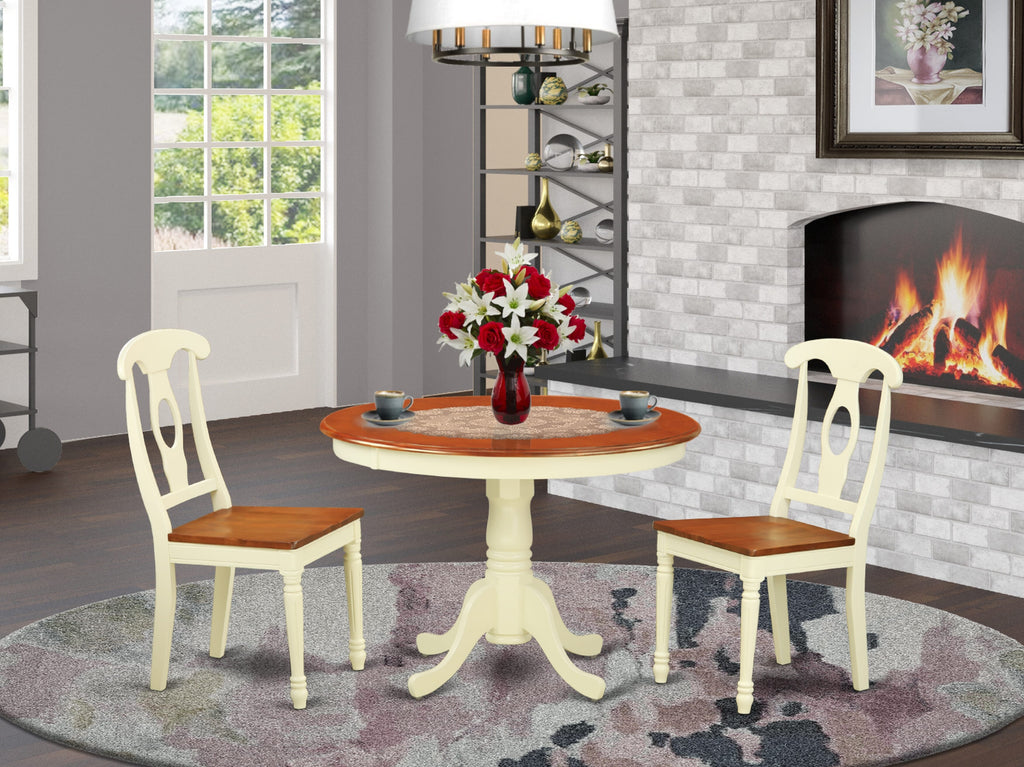 HLKE3-ZS8-5 Compact 3-Piece Round Dining Set with Pedestal Table and 2 Solid Wood Chairs, Buttermilk & Cherry Charm