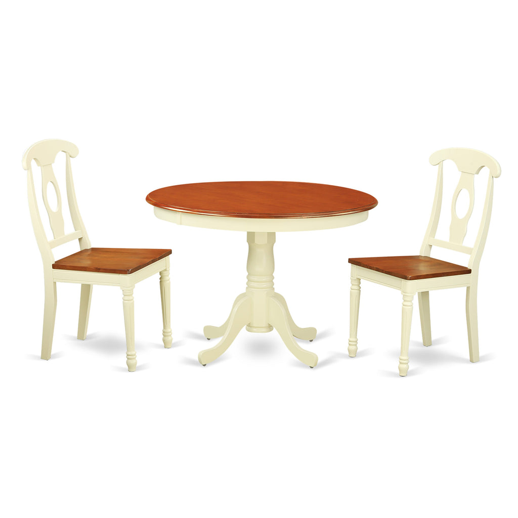 HLKE3-ZS8-5 Compact 3-Piece Round Dining Set with Pedestal Table and 2 Solid Wood Chairs, Buttermilk & Cherry Charm