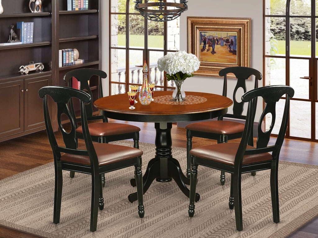 HLKE5-2Q2-CA 5-Piece Kitchen Table Set with Pedestal Round Table & 4 Faux Leather Chairs, 42-inch, Cherry Black Combo