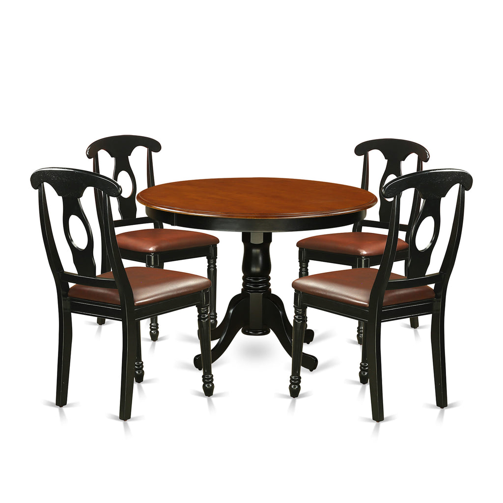 HLKE5-2Q2-CA 5-Piece Kitchen Table Set with Pedestal Round Table & 4 Faux Leather Chairs, 42-inch, Cherry Black Combo