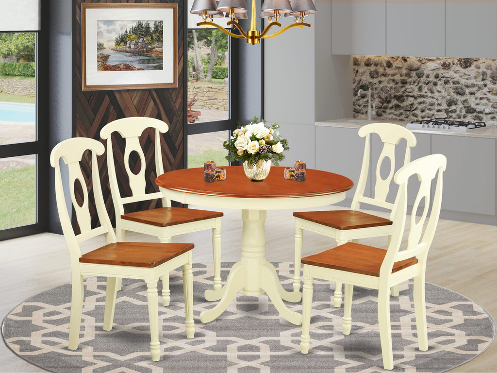 HLKE5-PUK-L Elegant 5-Piece Dining Set Circular Table with Center Pedestal & Four Chairs, Buttermilk-Cherry Hues