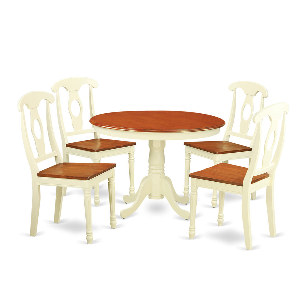 HLKE5-PUK-L Elegant 5-Piece Dining Set Circular Table with Center Pedestal & Four Chairs, Buttermilk-Cherry Hues
