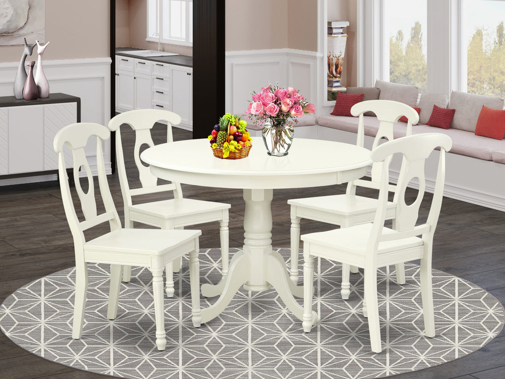 HLKE5-5YM-R Elegant 5-Piece Set Round Table with Pedestal & 4 Chairs in Linen White, 42