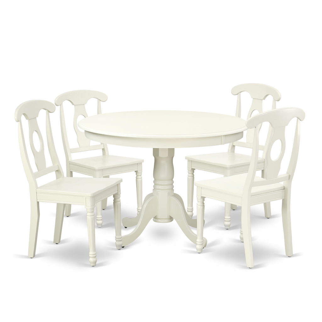 HLKE5-5YM-R Elegant 5-Piece Set Round Table with Pedestal & 4 Chairs in Linen White, 42