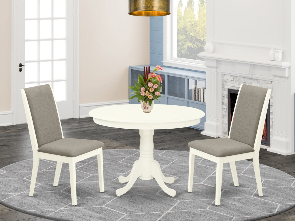Cozy 3-Piece Dining Ensemble HLLA3-J4R-CP with Round Pedestal Table & Linen Upholstered Seats