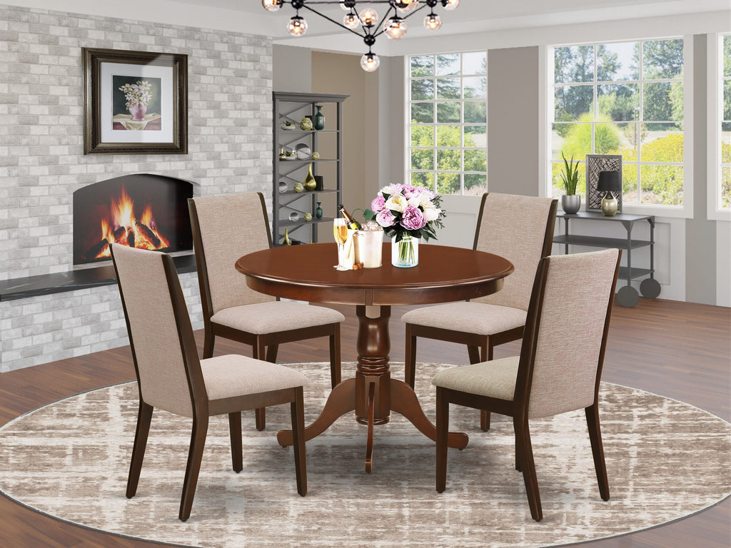 HLLA5-VFD-J8 5-Piece Dining Ensemble Featuring Mahogany Round Table & Light Tan Upholstered Chairs