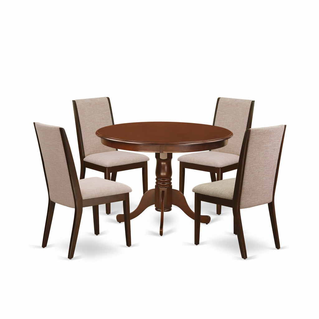 HLLA5-VFD-J8 5-Piece Dining Ensemble Featuring Mahogany Round Table & Light Tan Upholstered Chairs