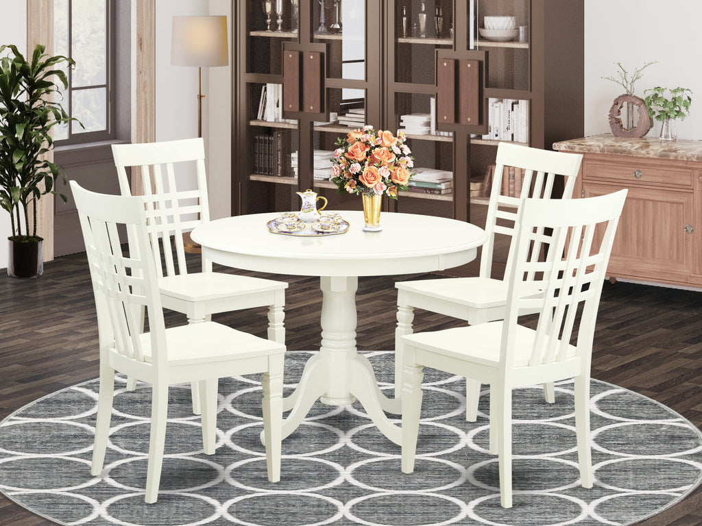 HLLG5-VKY-0 Elegant 5-Piece Set Spacious Round Dining Surface & 4 Stylish Linen White Chairs