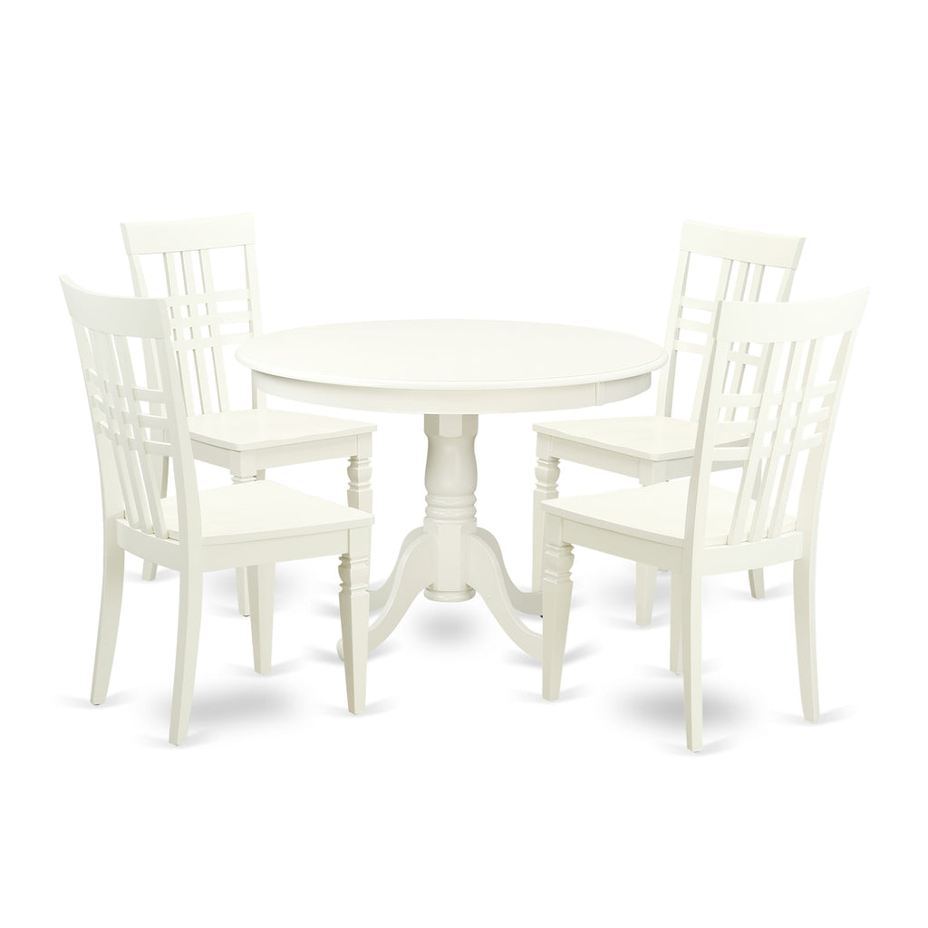 HLLG5-VKY-0 Elegant 5-Piece Set Spacious Round Dining Surface & 4 Stylish Linen White Chairs